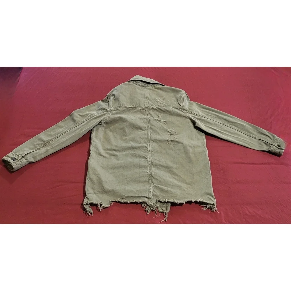 Free People Moonchild Denim Jacket Womens Large Army Green Distressed Size Small - Picture 10 of 14
